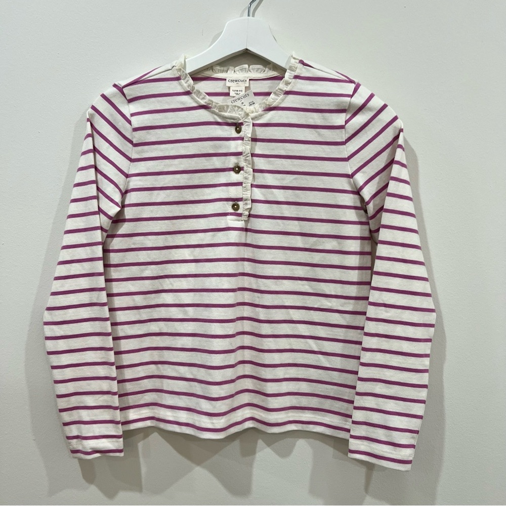Crewcuts Girls Striped Long Sleeve Henley Tee Ruffle Collar NWT Size Large